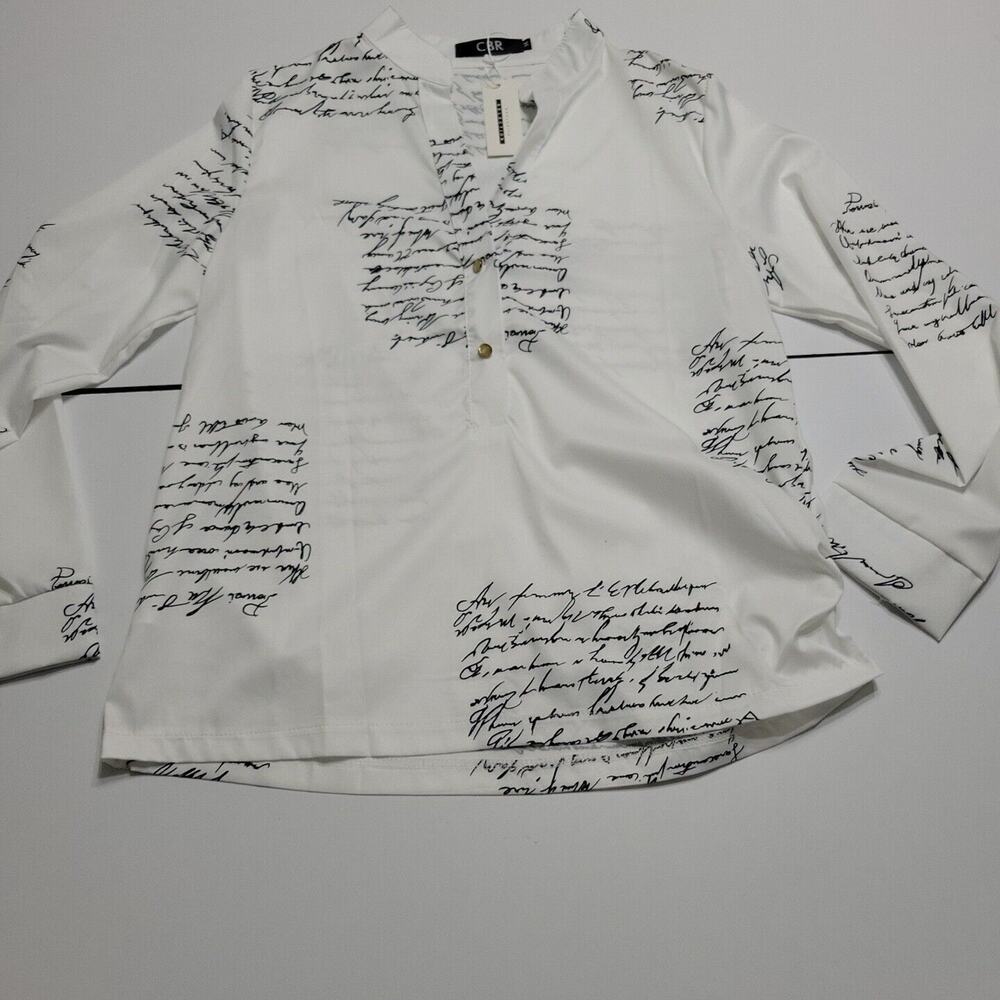 CBR Blouse Womens Medium Popover Shirt White Script Long Sleeve Mock Neck Shirt